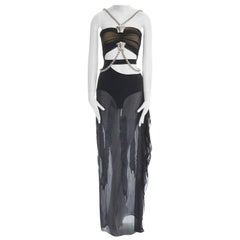 runway VERSACE SS14 black silk silver Medusa chain harness cut out gown IT38 XS