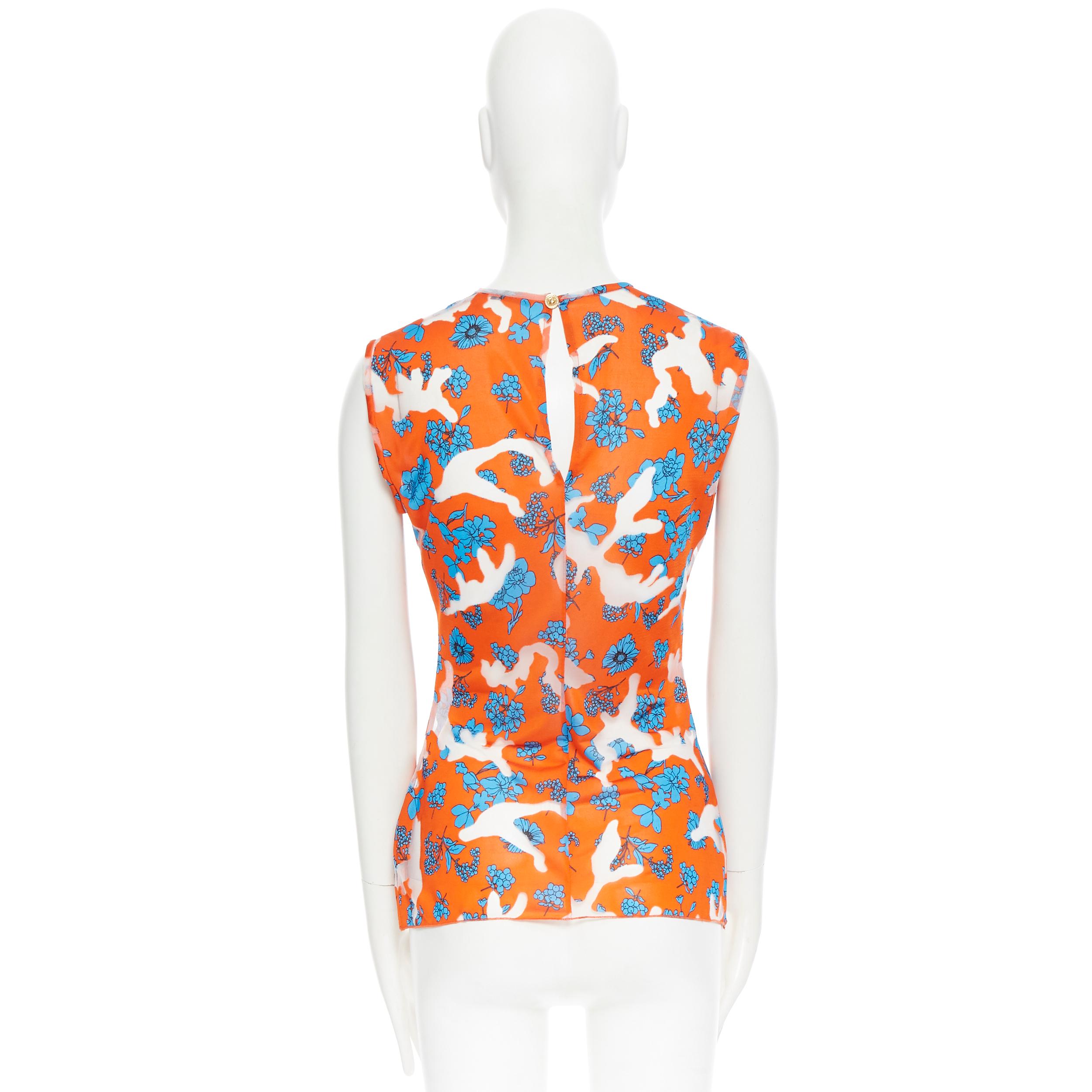 runway VERSACE SS19 orange blue floral sheer devore burnout sleeveless top IT38 In Excellent Condition In Hong Kong, NT