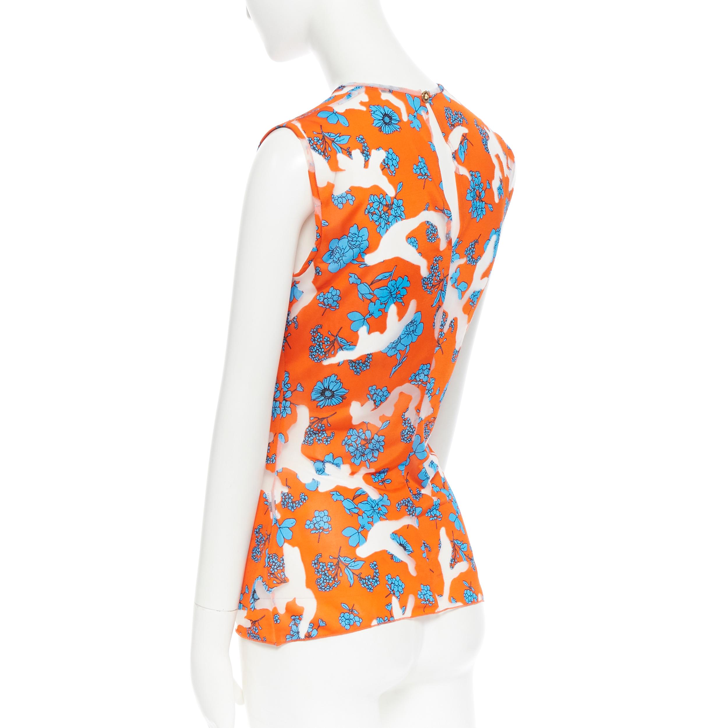 runway VERSACE SS19 orange blue floral sheer devore burnout sleeveless top IT38 1