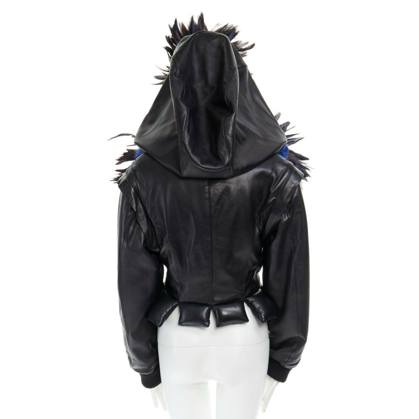 runway YOHJI YAMAMOTO 1991 black padded leather oversized feather hood down M In Excellent Condition In Hong Kong, NT