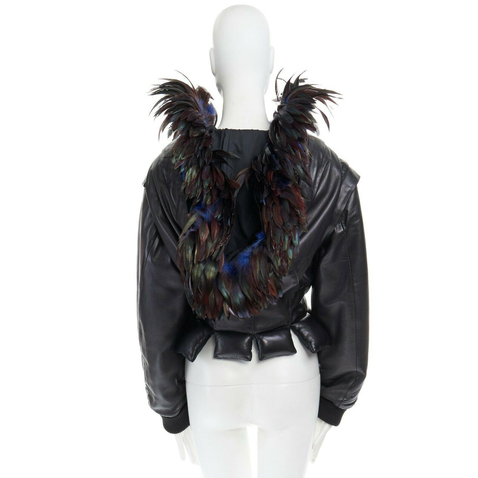Women's runway YOHJI YAMAMOTO 1991 black padded leather oversized feather hood down M