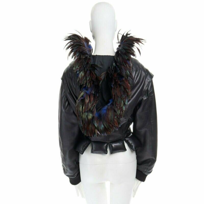 runway YOHJI YAMAMOTO 1991 black padded leather oversized feather hood down M 3