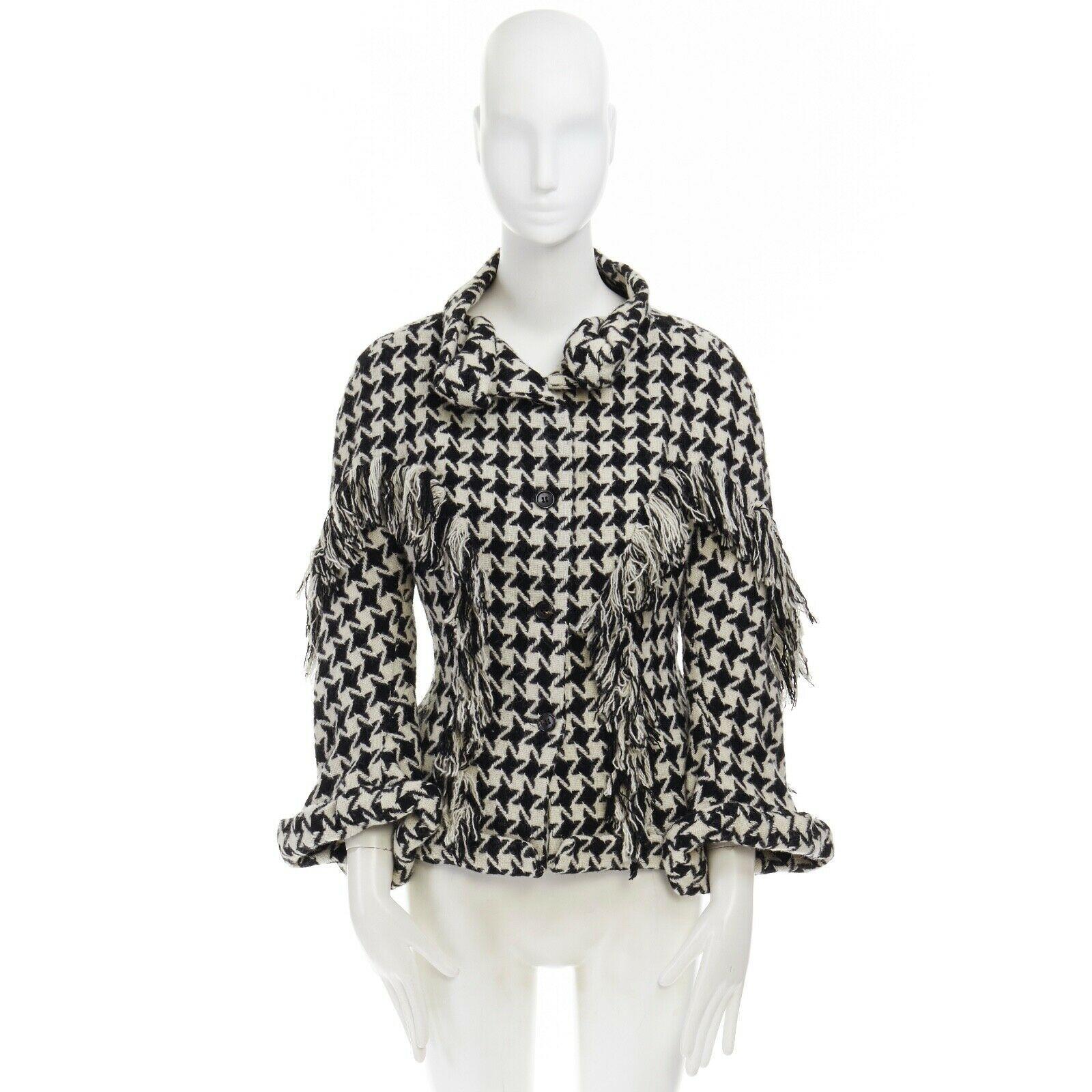 Black runway YOHJI YAMAMOTO AW2003 houndstooth fringe trimmed rolled cuff jacket JP2 M