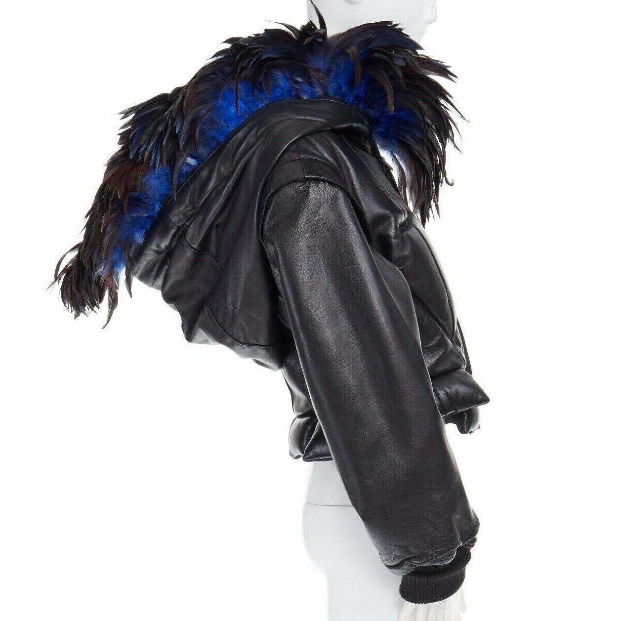 runway YOHJI YAMAMOTO AW91 black padded leather oversized feather hood down M In Excellent Condition In Hong Kong, NT