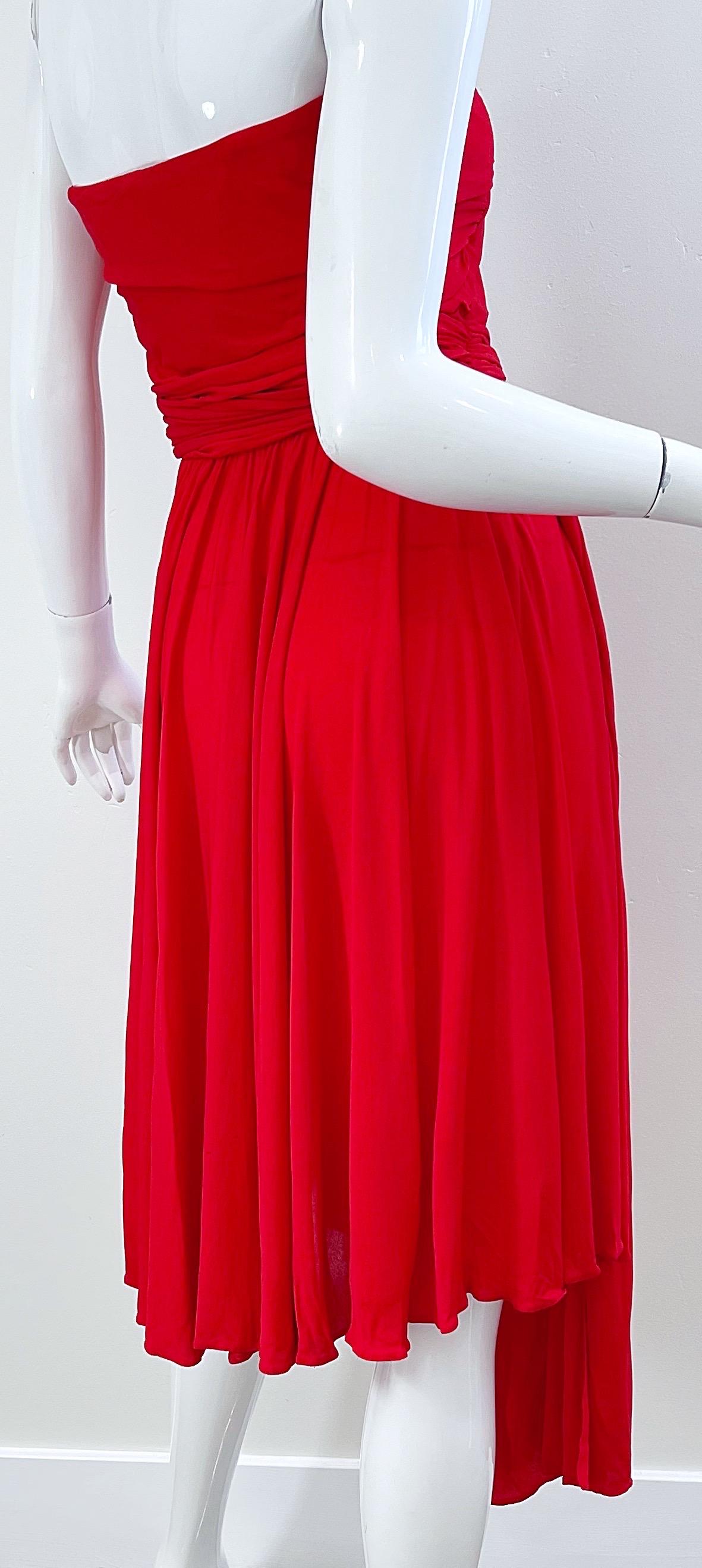 Runway Yves Saint Laurent S/S 1989 Lipstick Red Rayon Jersey Strapless 80s Dress For Sale 3