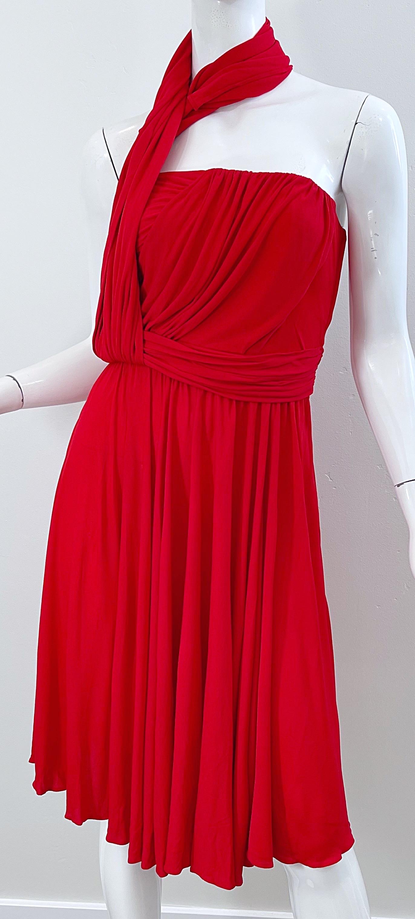 Runway Yves Saint Laurent S/S 1989 Lipstick Red Rayon Jersey Strapless 80s Dress For Sale 4