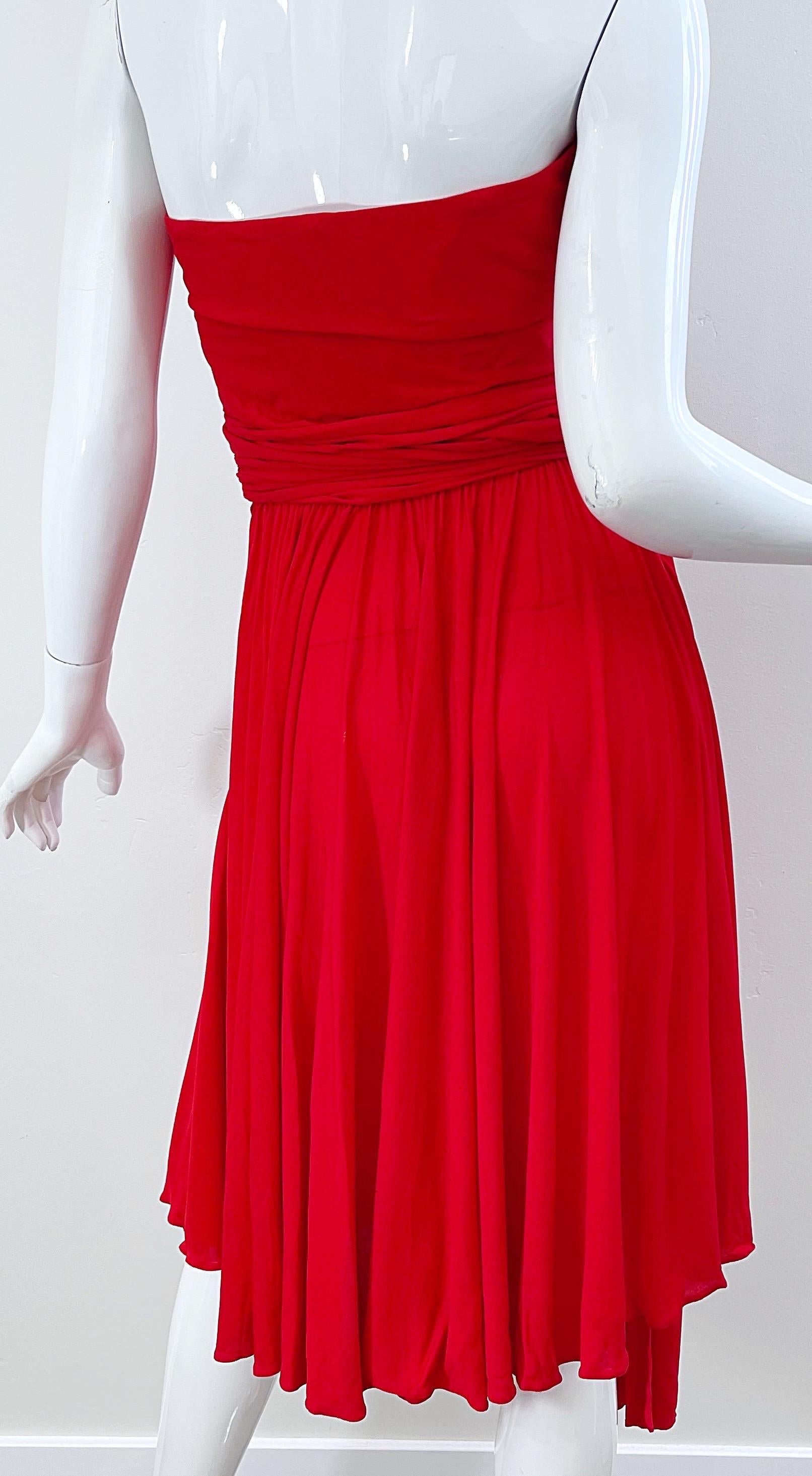Runway Yves Saint Laurent S/S 1989 Lipstick Red Rayon Jersey Strapless 80s Dress For Sale 5