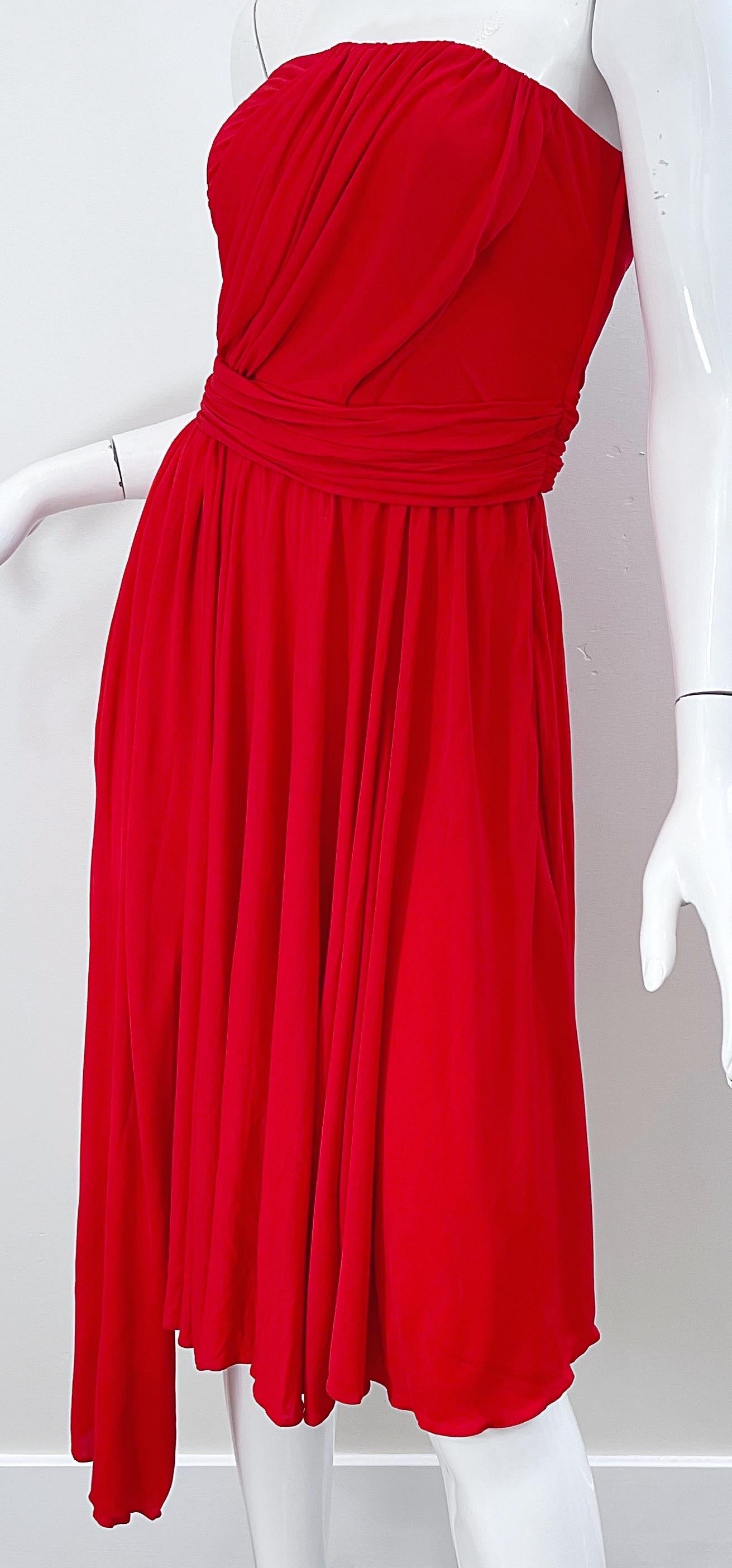 Runway Yves Saint Laurent S/S 1989 Lipstick Red Rayon Jersey Strapless 80s Dress For Sale 7