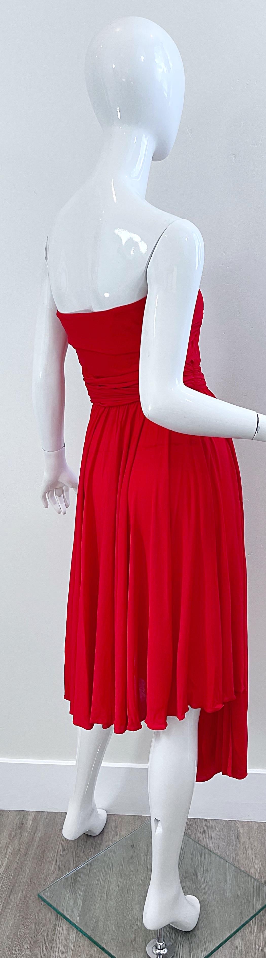 Runway Yves Saint Laurent S/S 1989 Lipstick Red Rayon Jersey Strapless 80s Dress For Sale 9