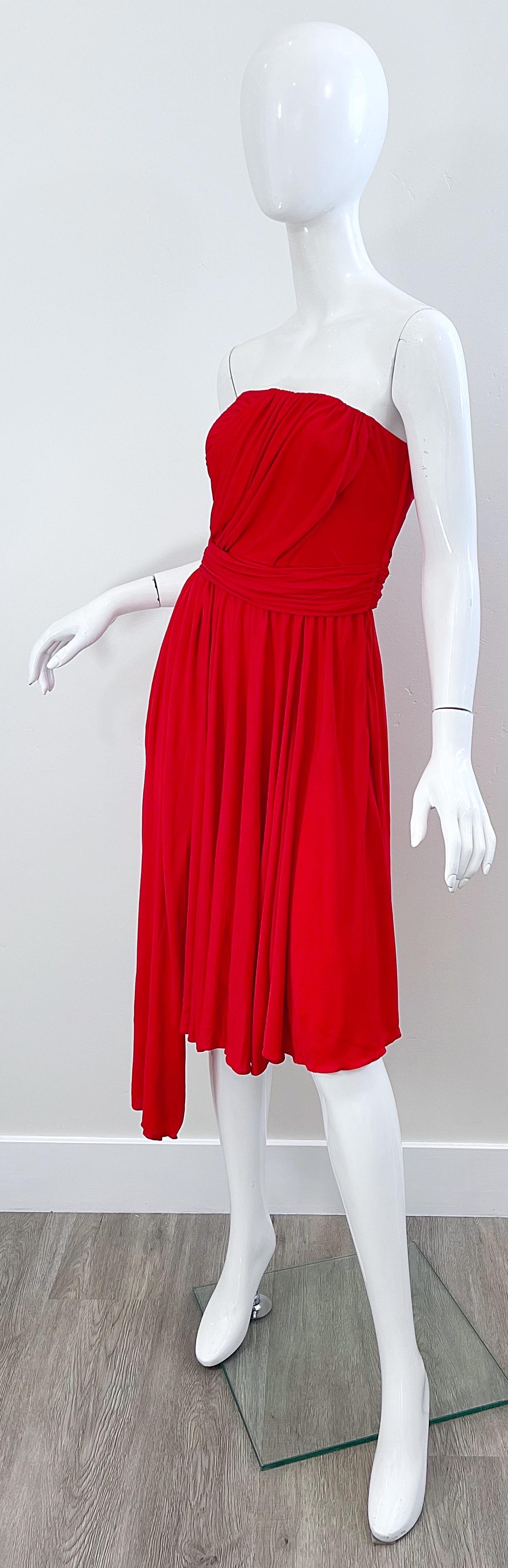 Runway Yves Saint Laurent S/S 1989 Lipstick Red Rayon Jersey Strapless 80s Dress For Sale 10