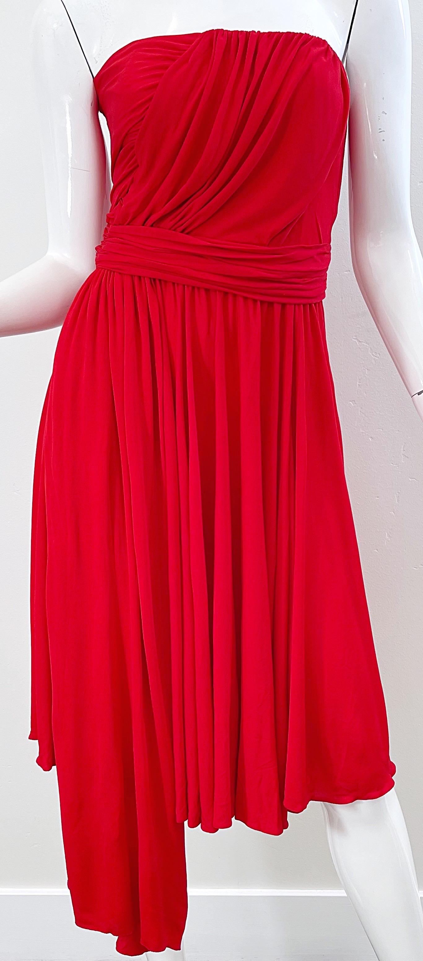 Women's Runway Yves Saint Laurent S/S 1989 Lipstick Red Rayon Jersey Strapless 80s Dress For Sale