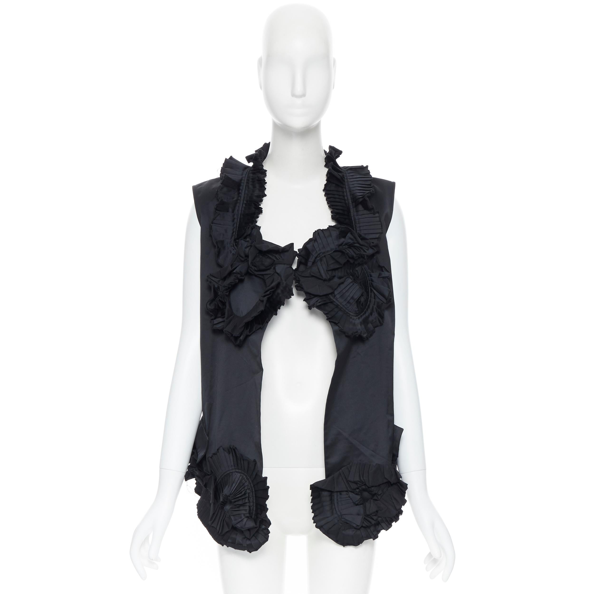 Women's runway YVES SAINT LAURENT SS10 black pleated ruffle floral collar boxy vest FR36