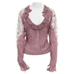 runway YVES SAINT LAURENT TOM FORD mauve lace ruffle pleated silk top FR40 M