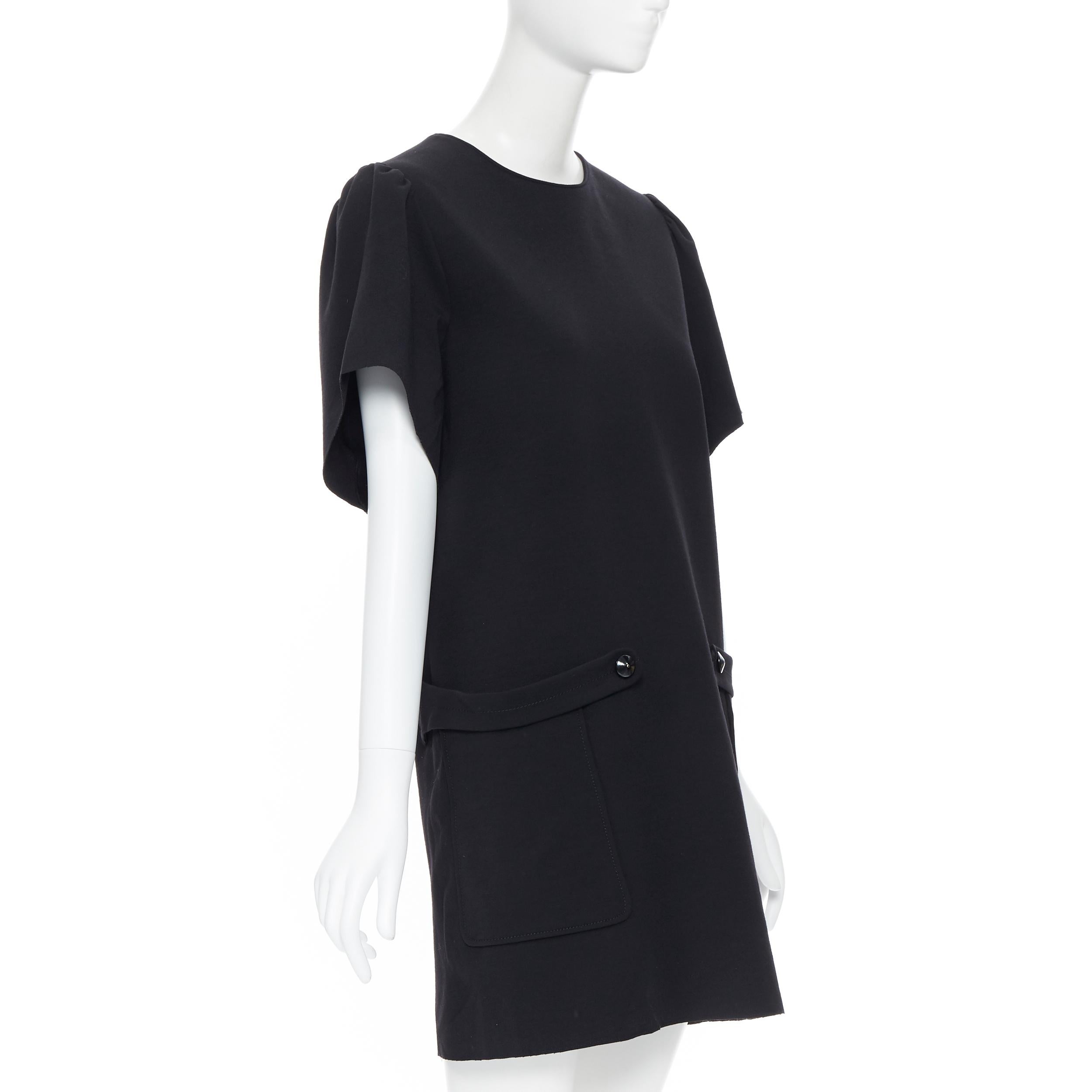 Black runway YVES SAINT LAURENT wool crepe cape sleeve dual pockets boxy dress FR38