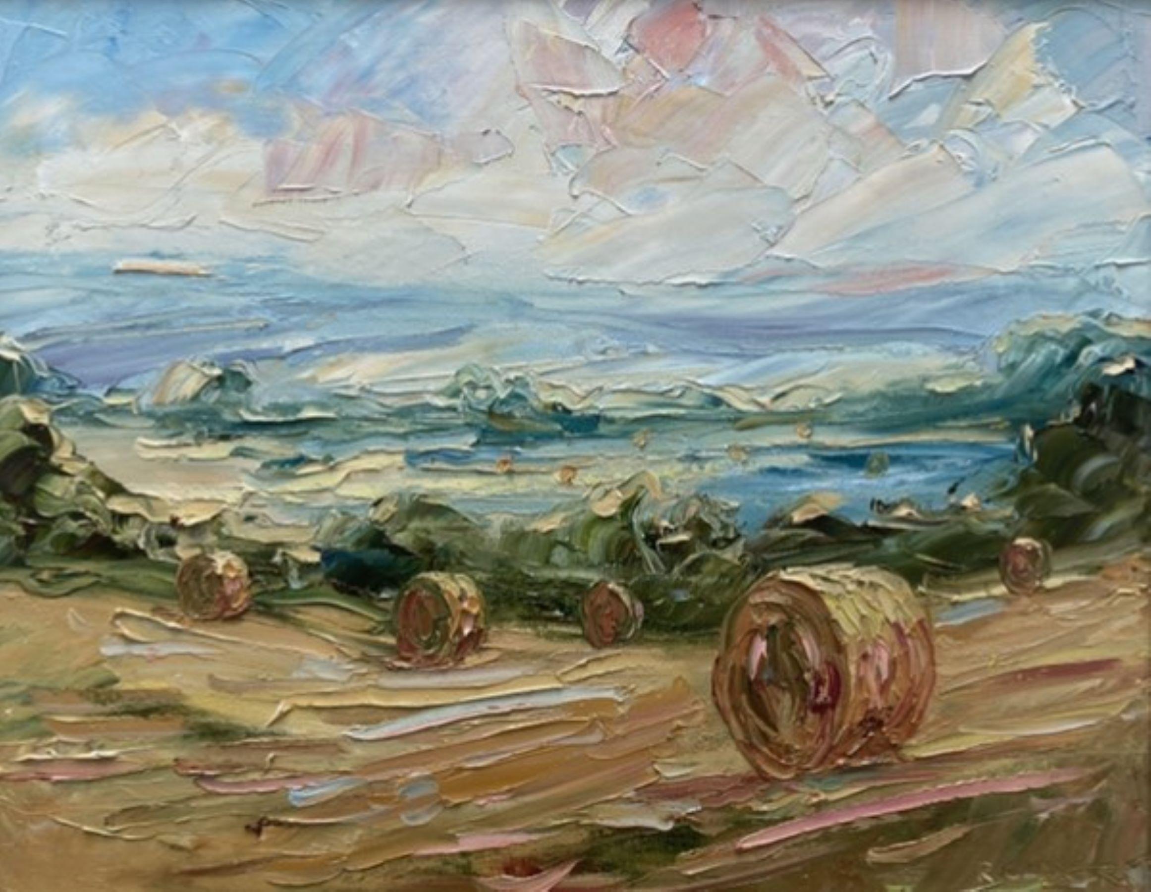 Landscape Painting Rupert Aker - Une moisson au Cotswold, peinture de paysage expressionniste, art rural contemporain