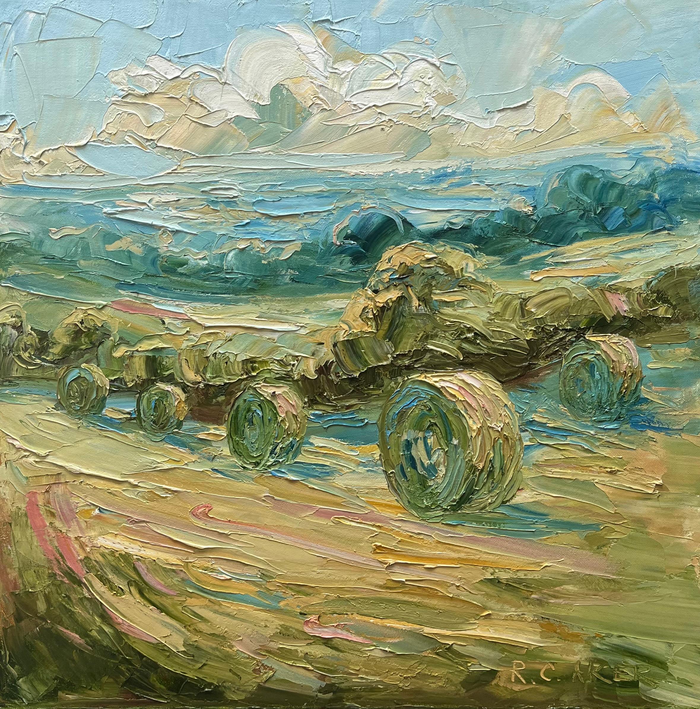 Bales on the Cotswolds, Original painting, landscape - Painting by Rupert Aker