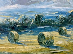 Heuballen mit Cumuluswolken, Originalgemälde, Landschaft, Cotswolds, zeitgenössisch
