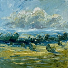 Heuballen mit Cumuluswolken, Originalgemälde, Landschaft, Cotswolds, zeitgenössisch