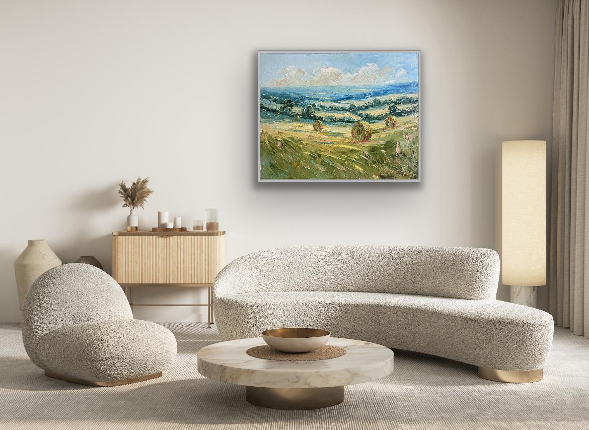 Barley bales, Original painting, landscape, contemporary - Impressionist Painting by Rupert Aker