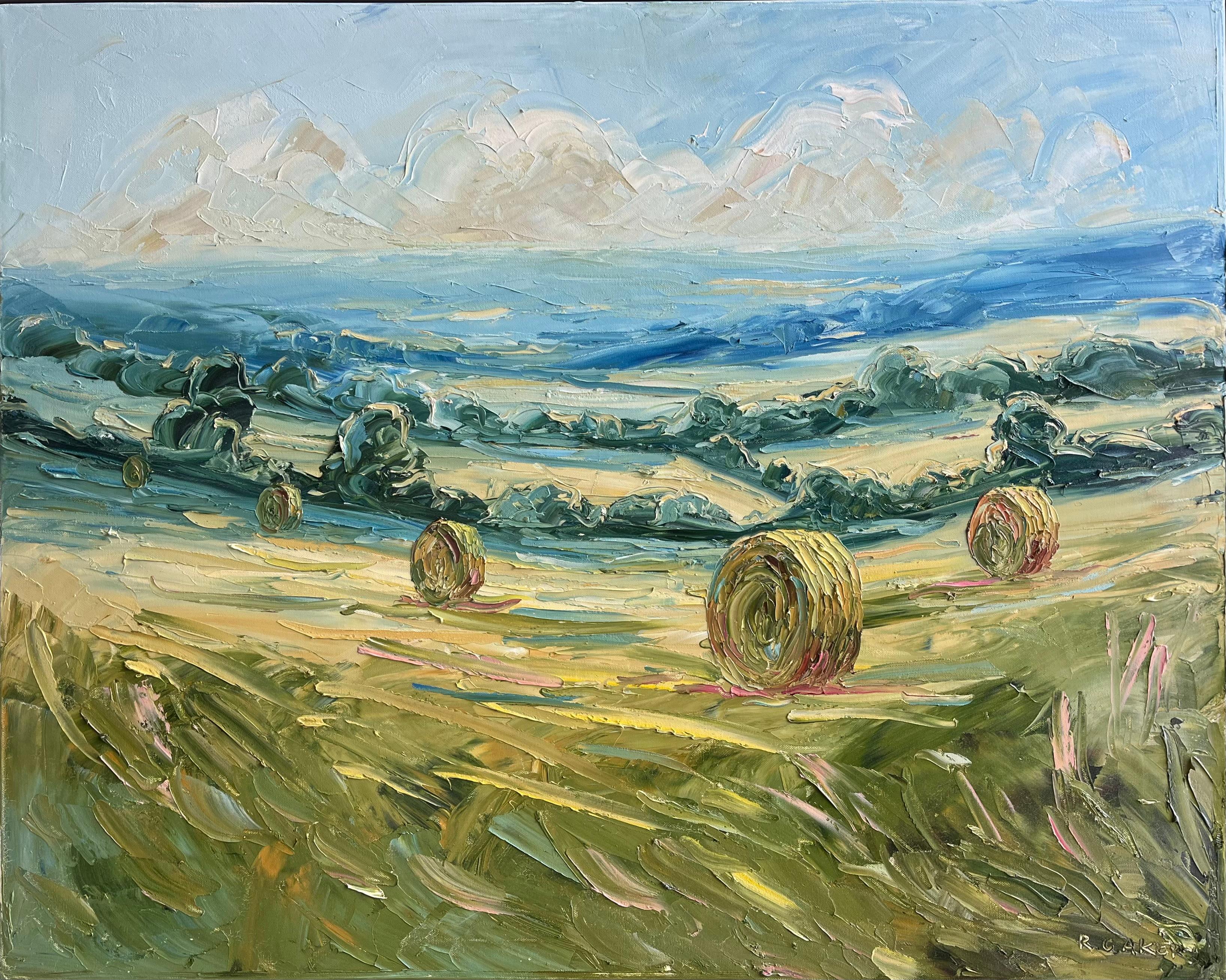 Barley bales, Original painting, landscape, contemporary For Sale 1