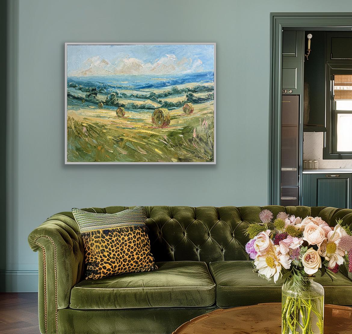 Barley bales, Original painting, landscape, contemporary For Sale 2