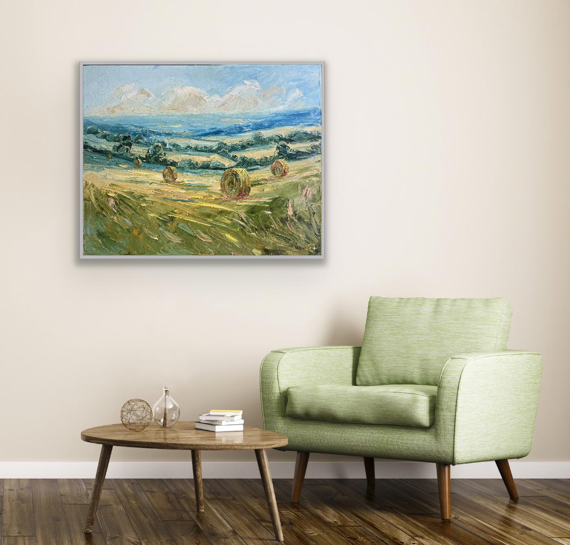 Barley bales, Original painting, landscape, contemporary For Sale 3