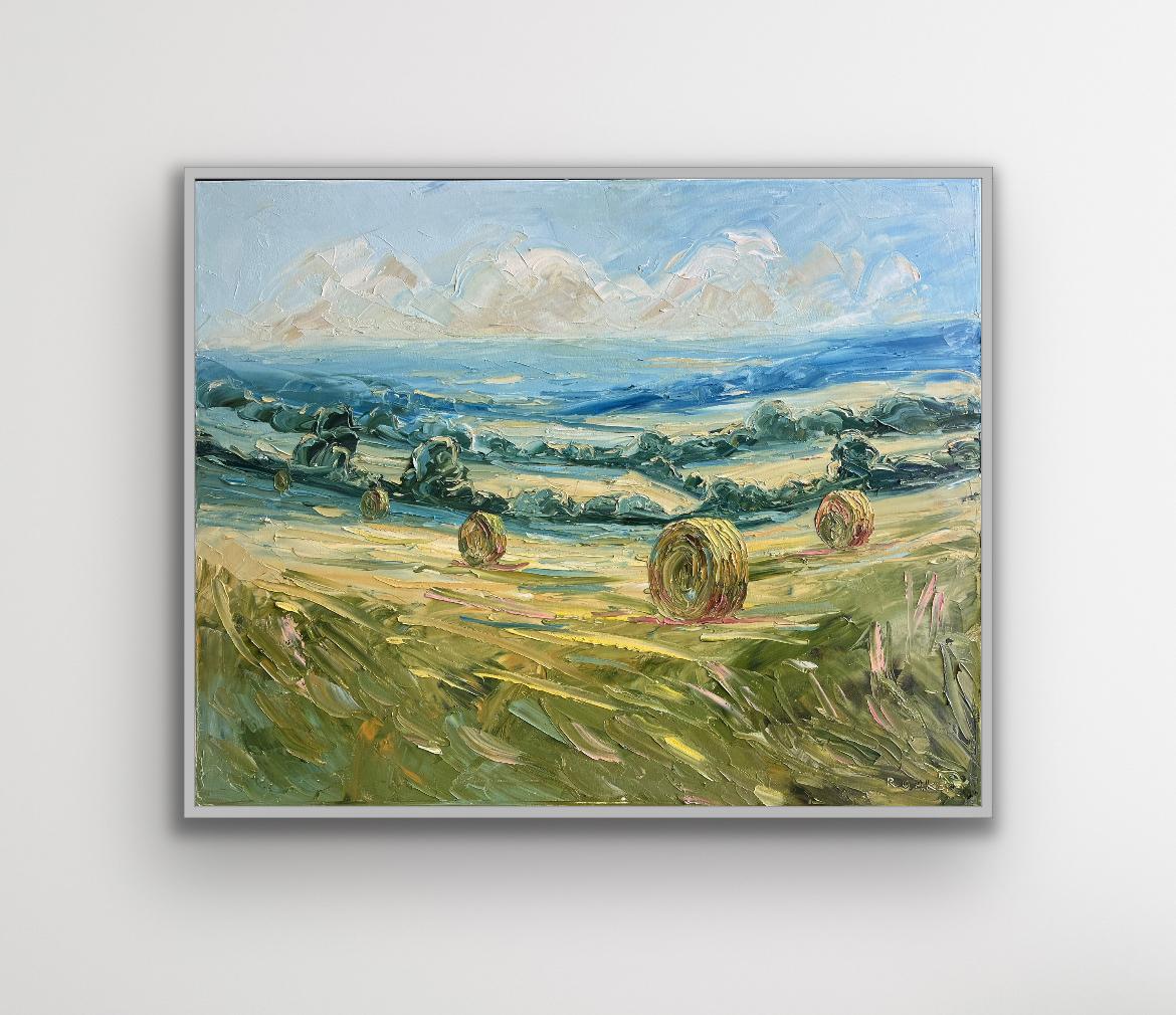 Barley bales, Original painting, landscape, contemporary For Sale 4