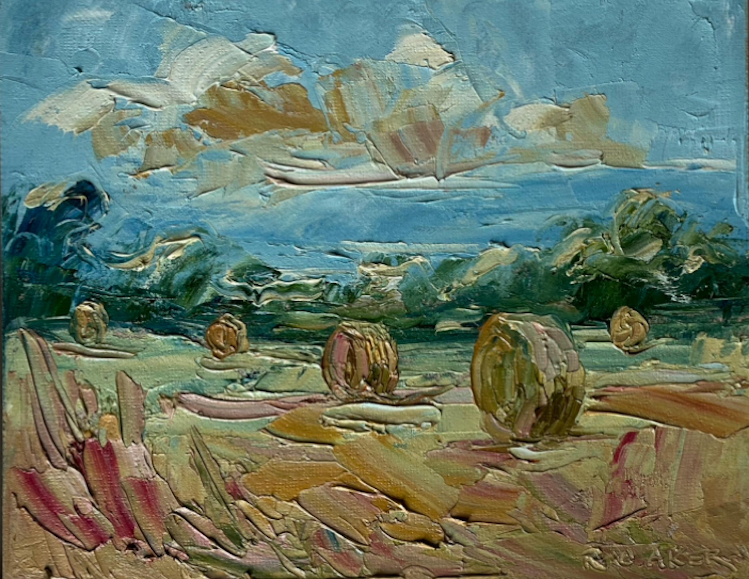 Rupert Aker Landscape Painting - Bibury, big bales I, Landscape, oil on board, Cotswolds