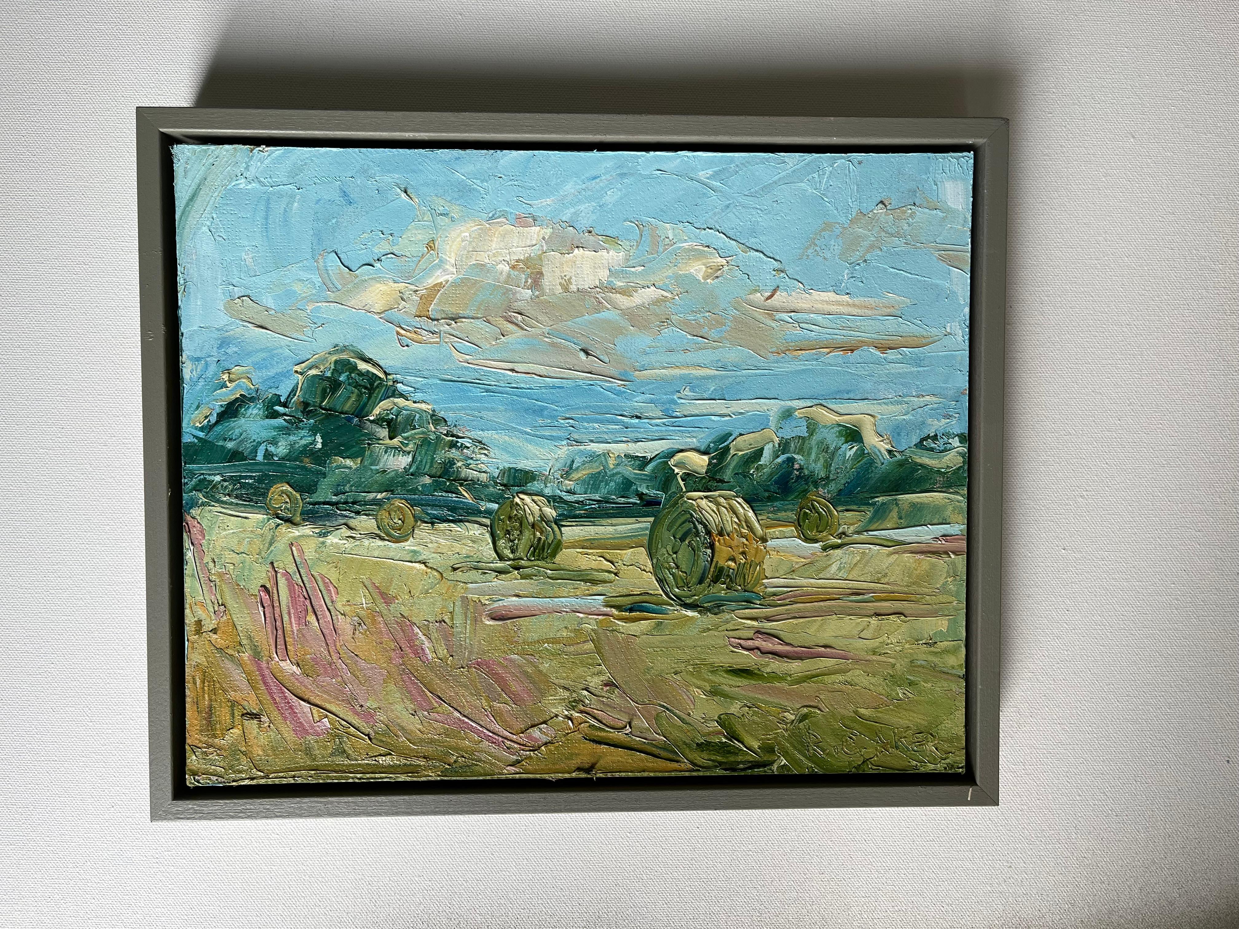 Bibury, big bales II, Landscape, oil on board, Cotswolds - Painting by Rupert Aker