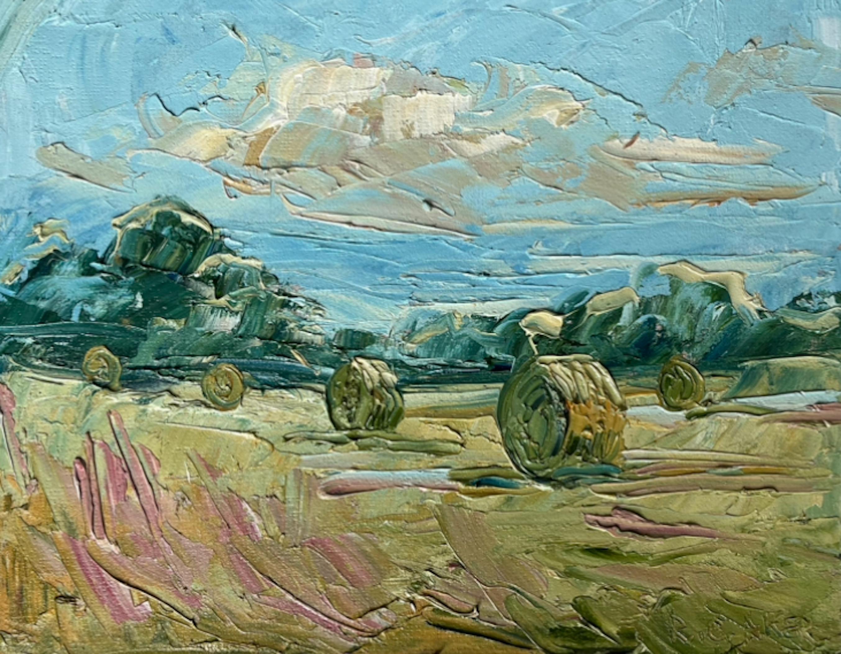 Rupert Aker Abstract Painting - Bibury, big bales II, Landscape, oil on board, Cotswolds
