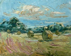 Bibury, big bales II, Landscape, oil on board, Cotswolds