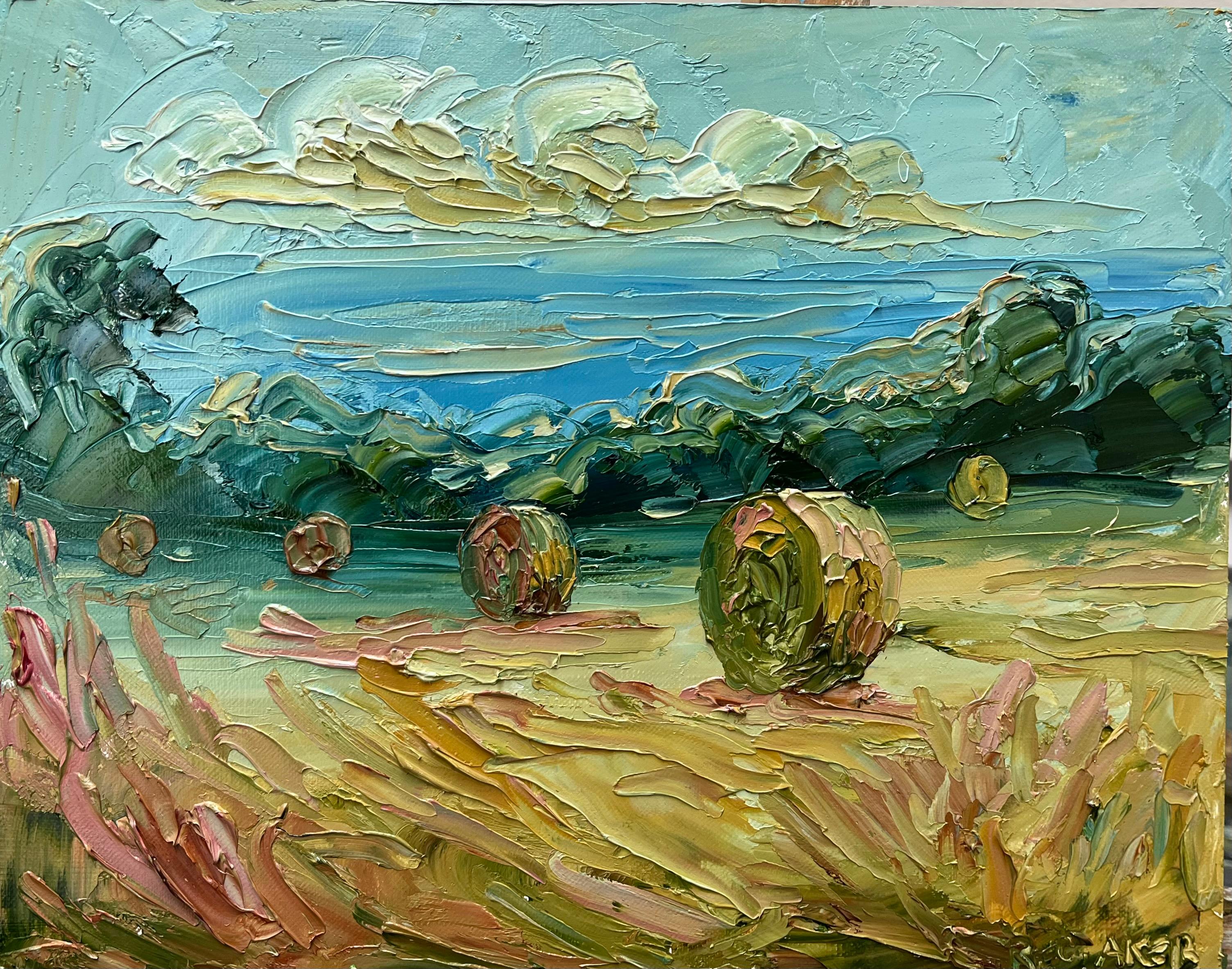 Tríptico Big Bale, Original, Paisaje, Cotswolds - Painting de Rupert Aker
