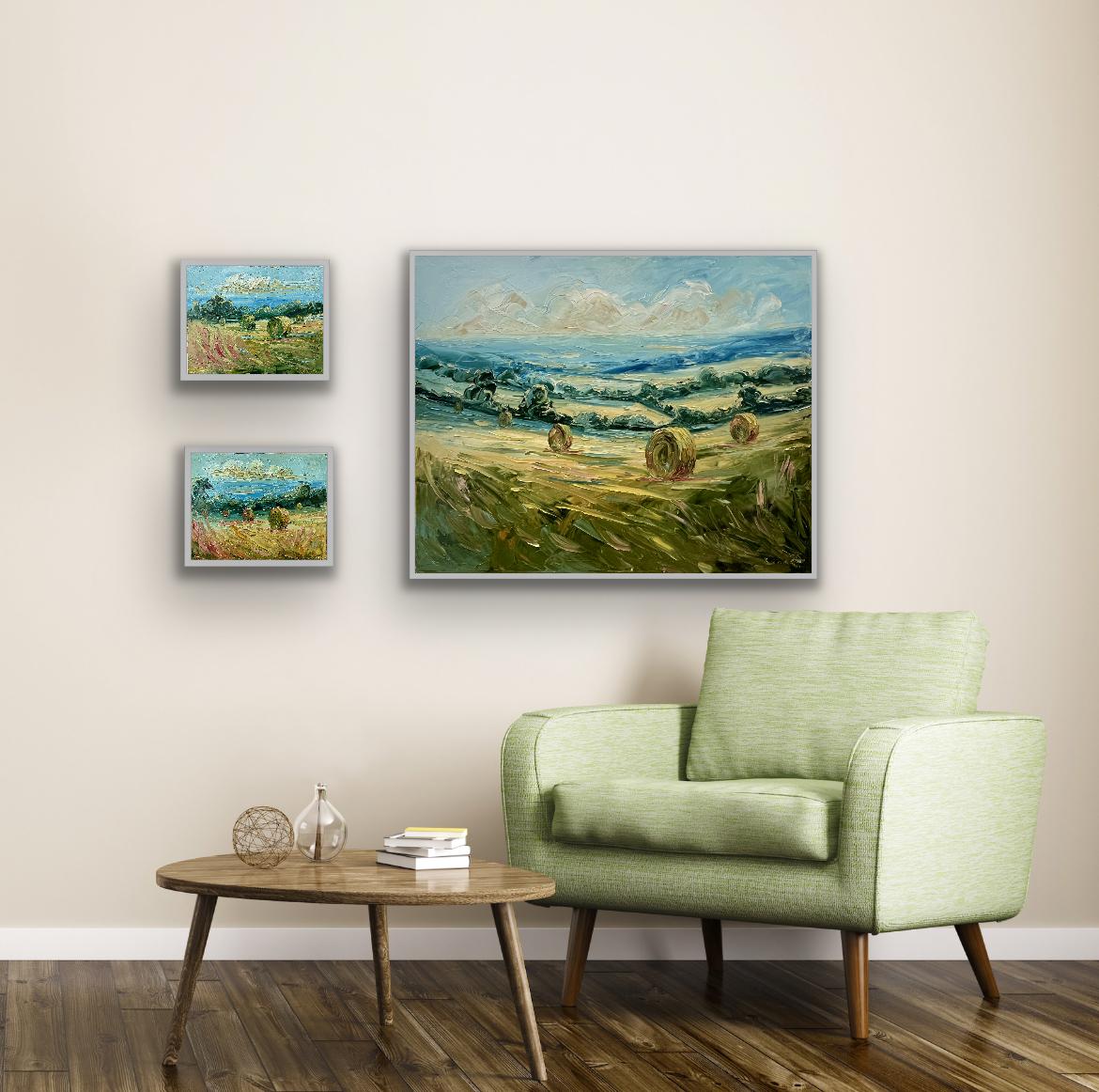 Tríptico Big Bale, Original, Paisaje, Cotswolds - Landscape Painting Gris de Rupert Aker