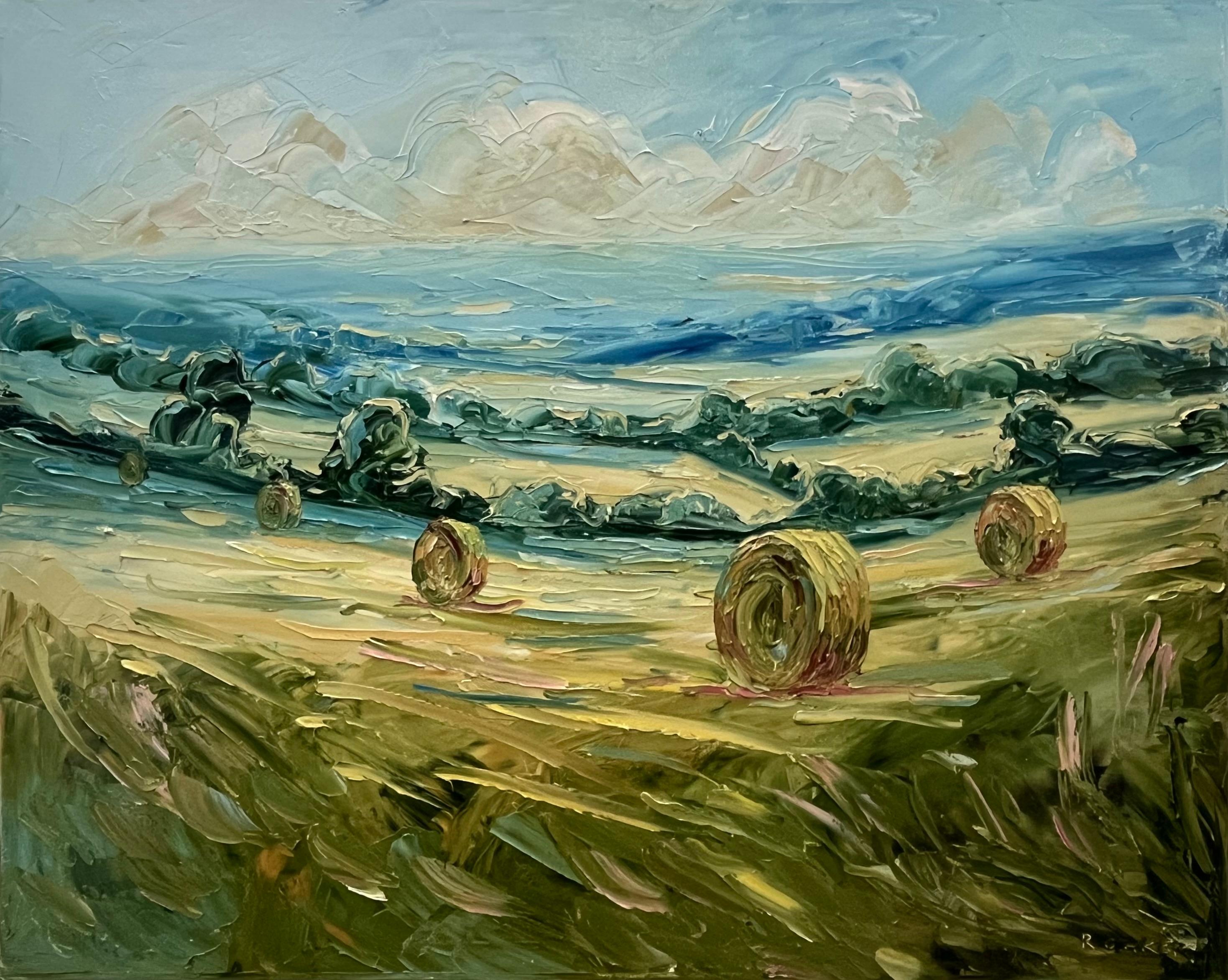Landscape Painting de Rupert Aker - Tríptico Big Bale, Original, Paisaje, Cotswolds