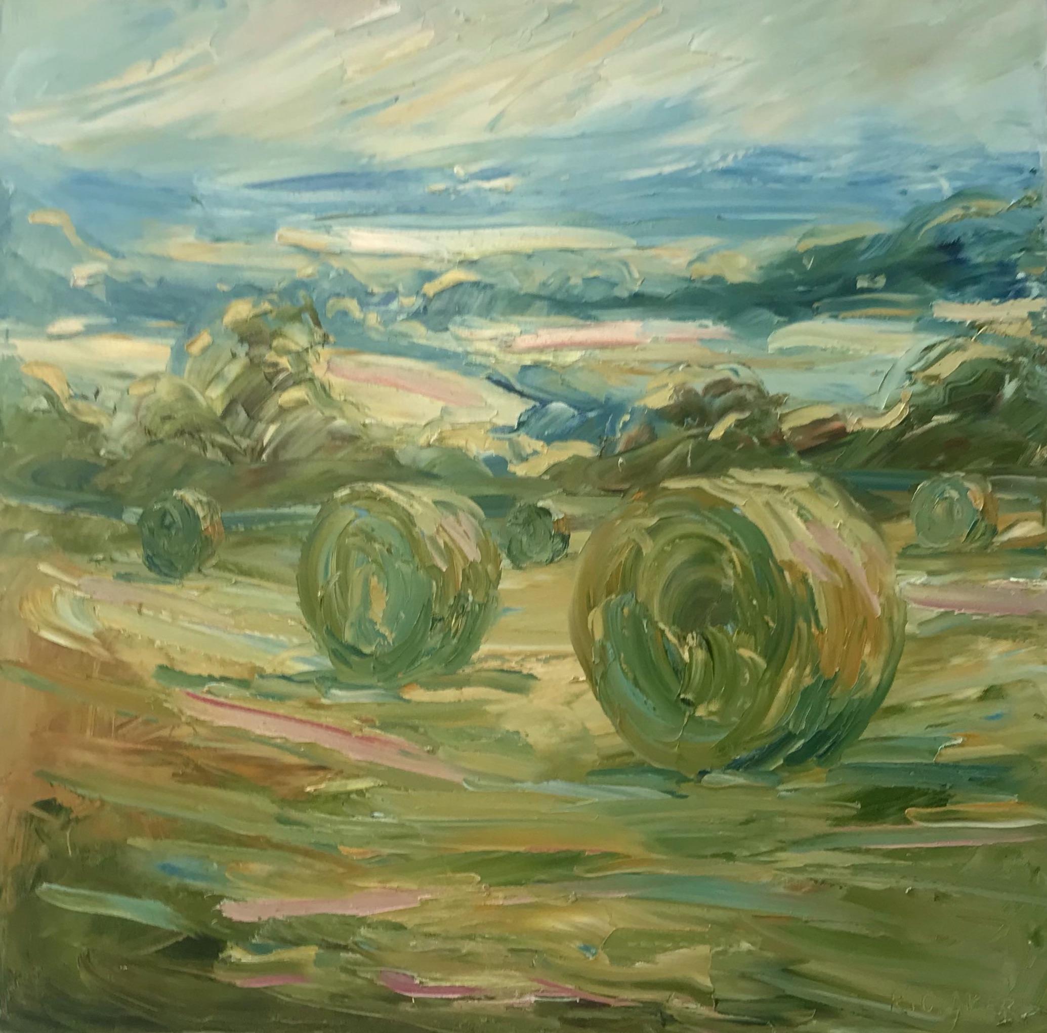 Rupert Aker Abstract Painting - Big Bales July, Contemporary Landscape Painting, Textured Cotswolds Painting
