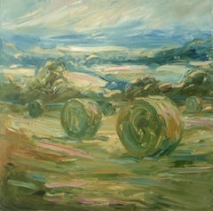 Big Bales July, Contemporary Landscape Painting, Textured Cotswolds Painting