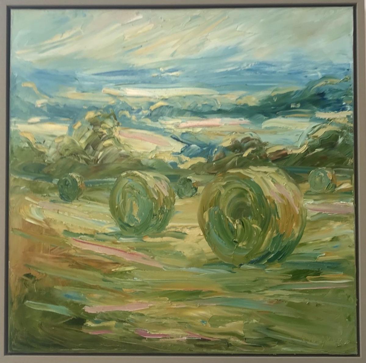 Big Bales July by Rupert Aker [2022]
original and hand signed by the artist 
Oil on Canvas
Image size: H:75 cm x W:75 cm
Complete Size of Unframed Work: H:75 cm x W:75 cm x D:2.5cm
Frame Size: H:80 cm x W:80 cm x D:4cm
Sold Framed
Please note that