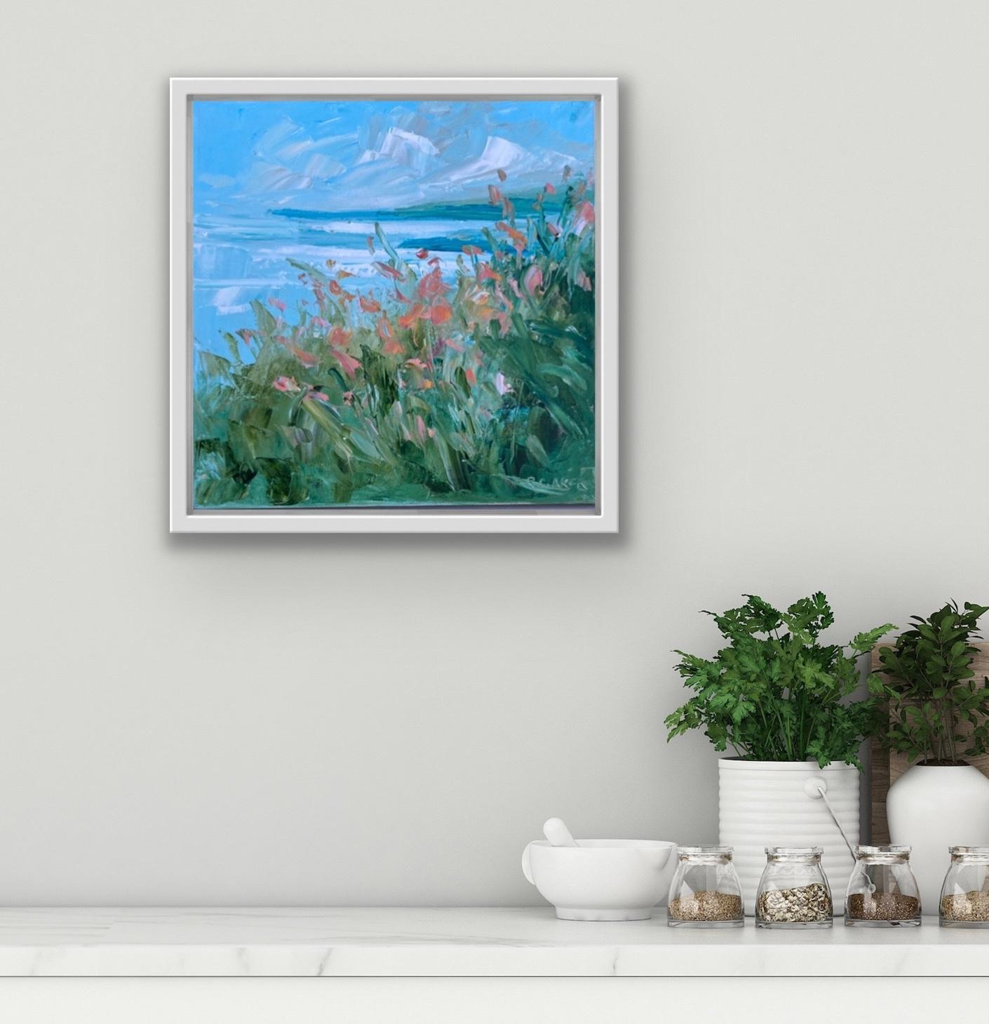 Cardigan Bay, Montbretia, Cornish Seascape Painting, Coastal Art Cornwall - Blue Abstract Painting by Rupert Aker