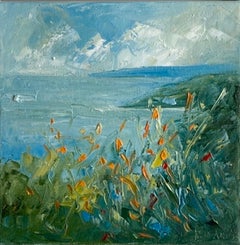 Cliffs With Montbretia, Rupert Aker, Original Coastal Seascape Painting, Floral