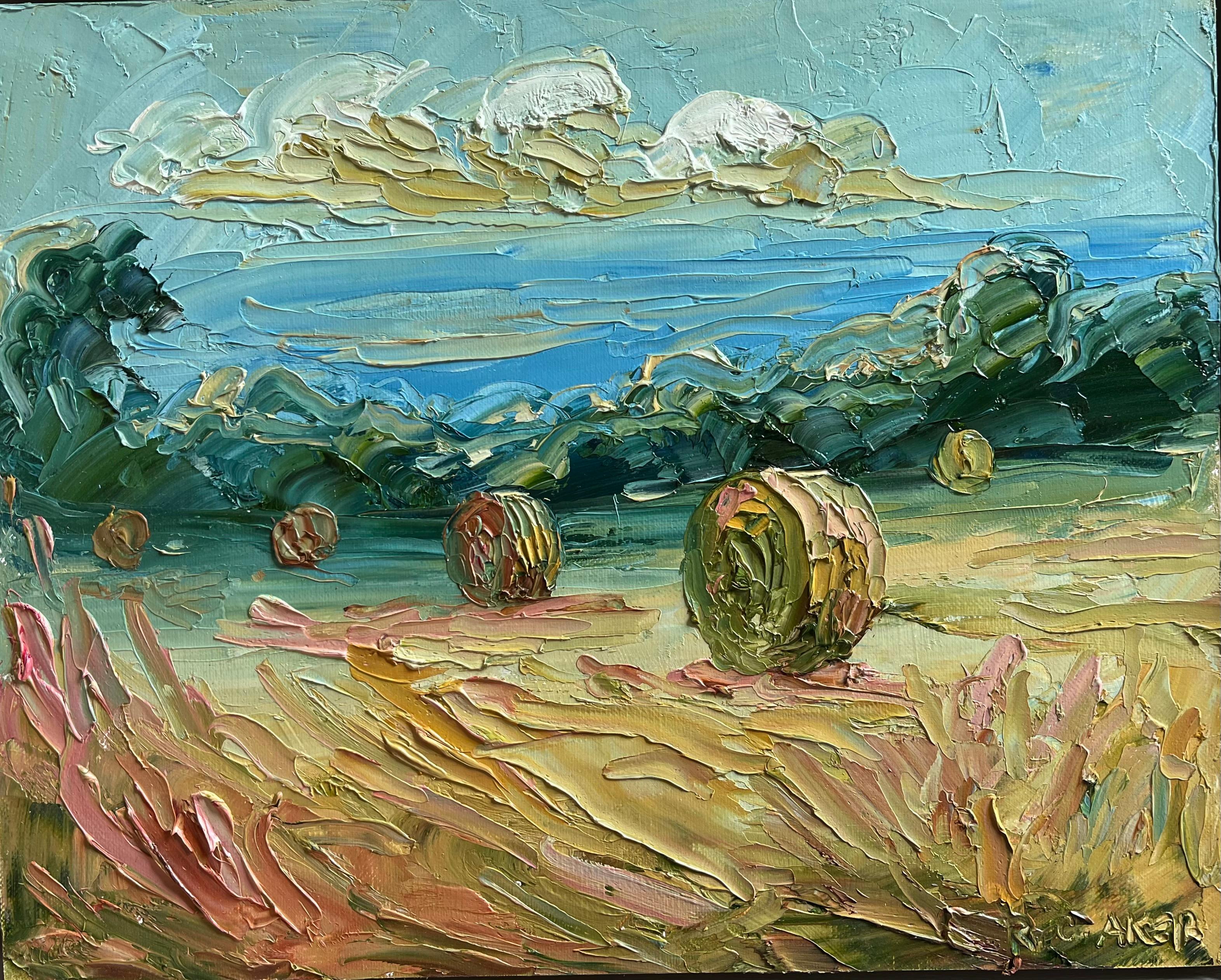 Ölgemälde eines Hochsommers mit Ballen und einem Hauch von rosa Weidenröschen

Ölfarbe auf Leinwand
28 H x 33 B x 3 T cm (11,02 x 12,99 x 1,18 Zoll)
Verkauft gerahmt

Bildgröße:
Höhe: 25cm (9.84 in)
Breite: 30 cm (11,81 Zoll)

Komplette Größe des