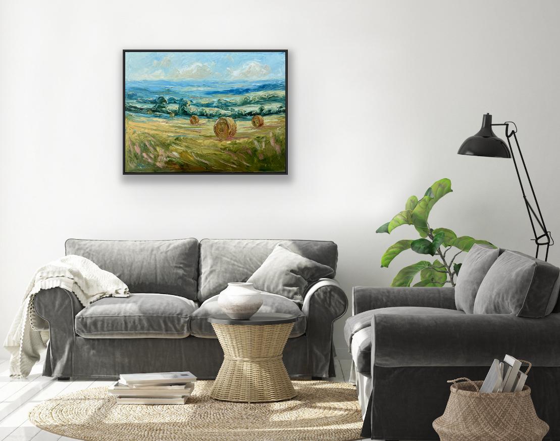 Cotswolds at harvest - Original painting, Malvern Hills, Landscape art - Contemporary Painting by Rupert Aker