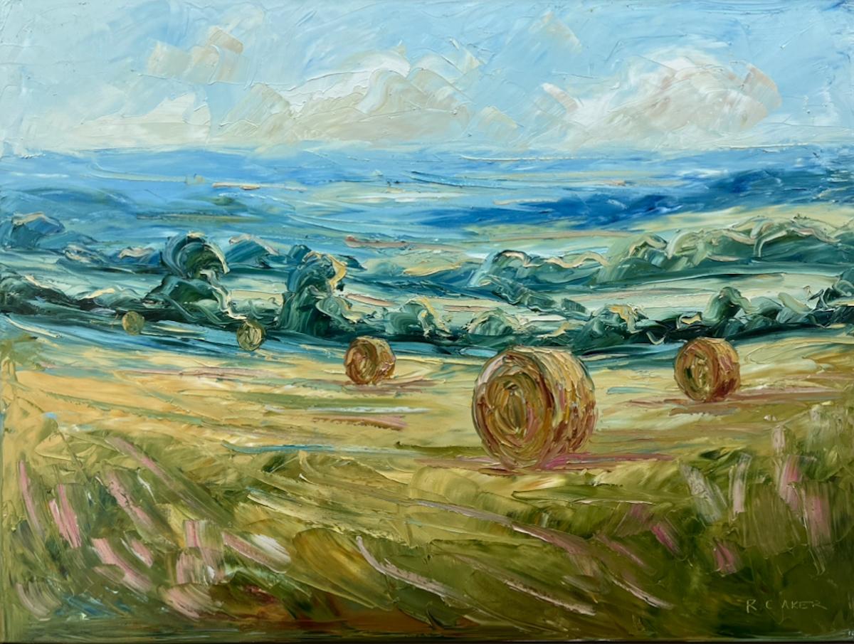 Rupert Aker Landscape Painting - Cotswolds at harvest - Original painting, Malvern Hills, Landscape art
