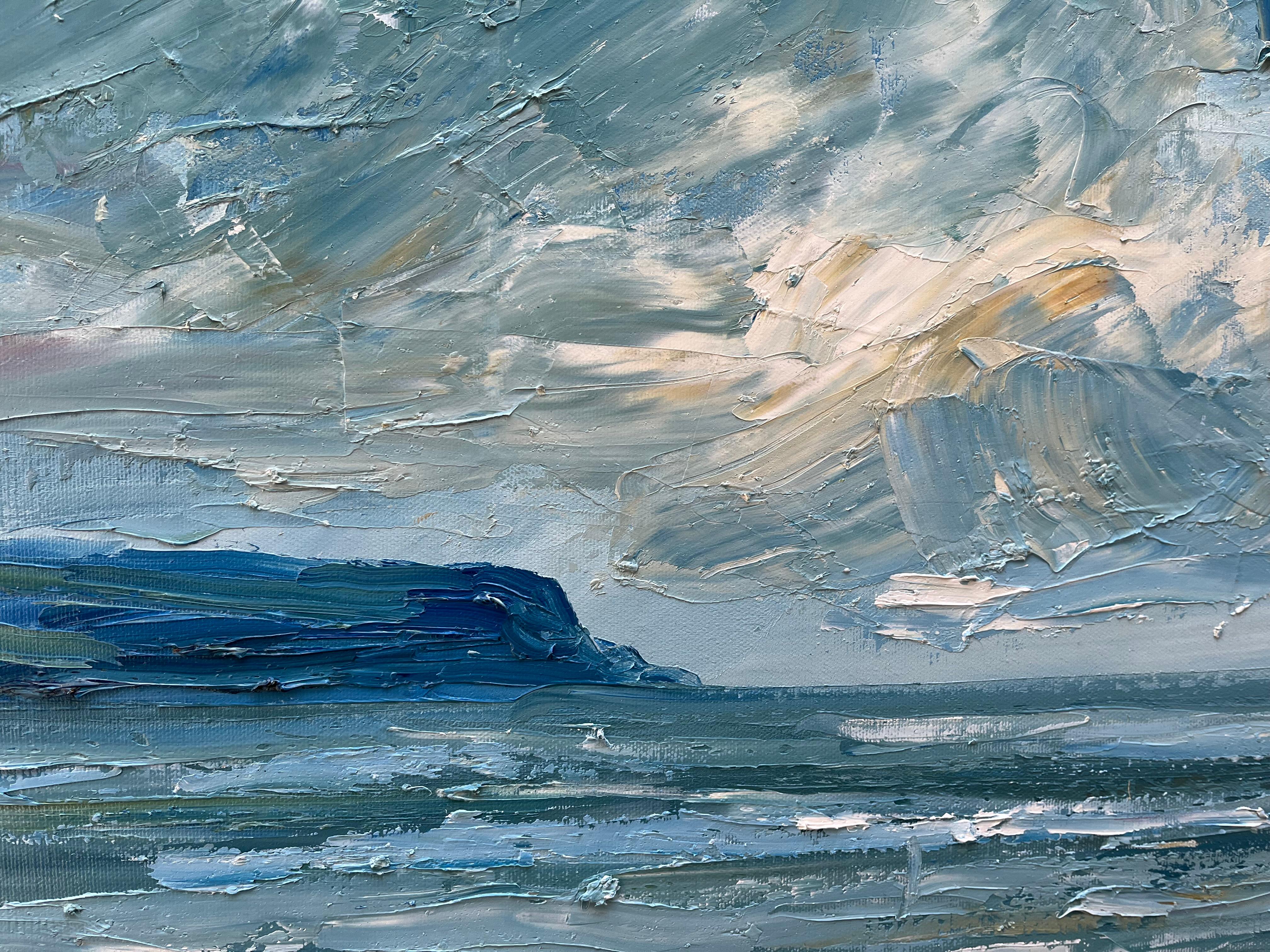 Dramatic impasto view of Daymer Bay near Padstow, Cornwall. A view from Hawker's Cove, Cornwall.

ADDITIONAL INFORMATION: 
Daymer Bay from Hawker’s Cove by Rupert Aker [2023]
Original painting
Signed by artist
Oil Paint on Canvas
Framed size: 85 H x