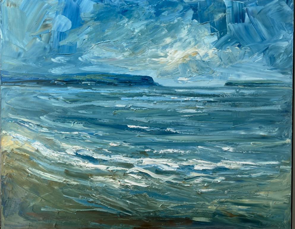 Rupert Aker Abstract Painting – Daymer Bay von Hawker's Cove, Padstow, Cornwall, Originalgemälde, Küste, Meer
