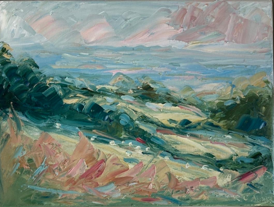 Landscape Painting Rupert Aker - Soirée, Cud Hill, Cotswold Art, peinture de paysage anglaise texturée, art moderne