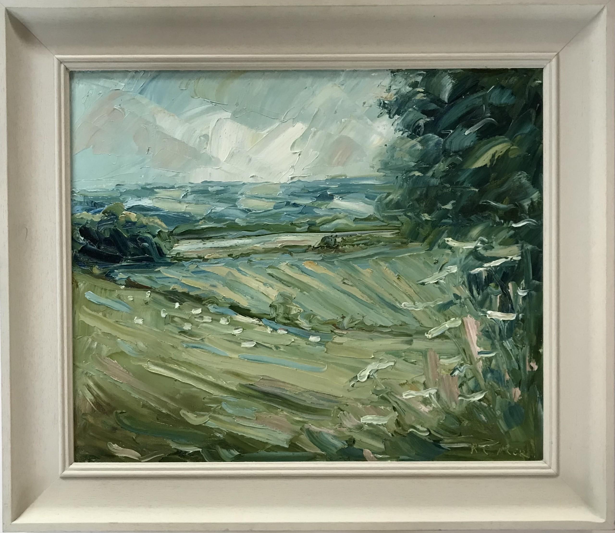Looking out from Ledwell by Rupert Aker [2022]
original and hand signed by the artist 
Oil on Canvas
Image size: H:50 cm x W:58 cm
Complete Size of Unframed Work: H:50 cm x W:58 cm x D:2.5cm
Frame Size: H:64.5 cm x W:75 cm x D:4cm
Sold Framed
Please