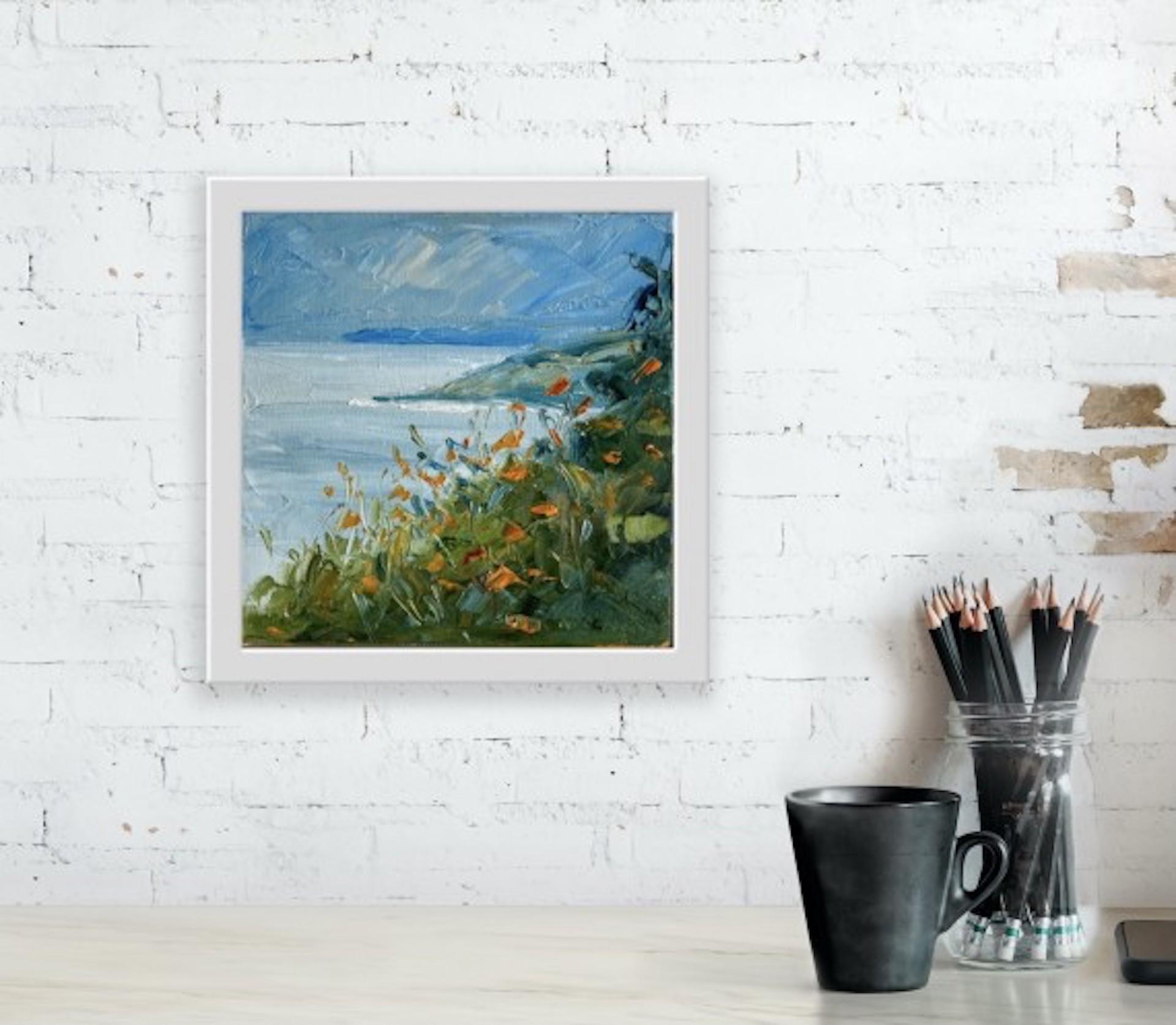 Montbretia Au-dessus du Nouveau Quay, Rupert Aker, peinture originale de paysage côtier en vente 3