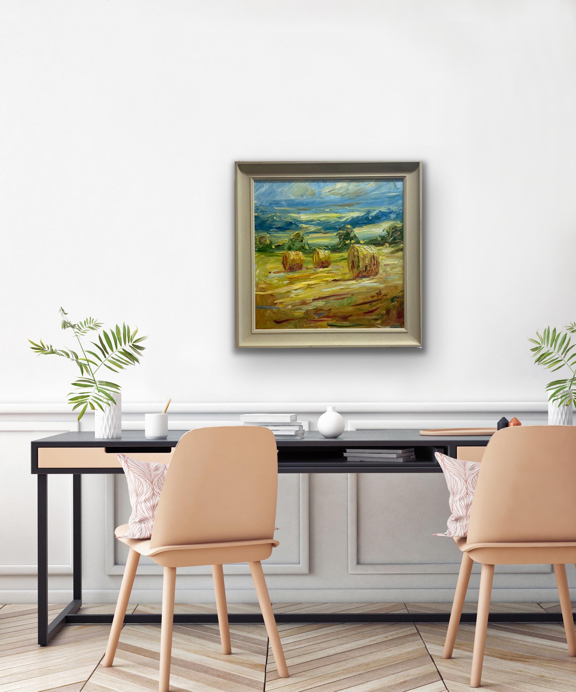 Rupert Aker, Big Bales, August, Landscape Art, Cotswold Painting, Affordable Art For Sale 6