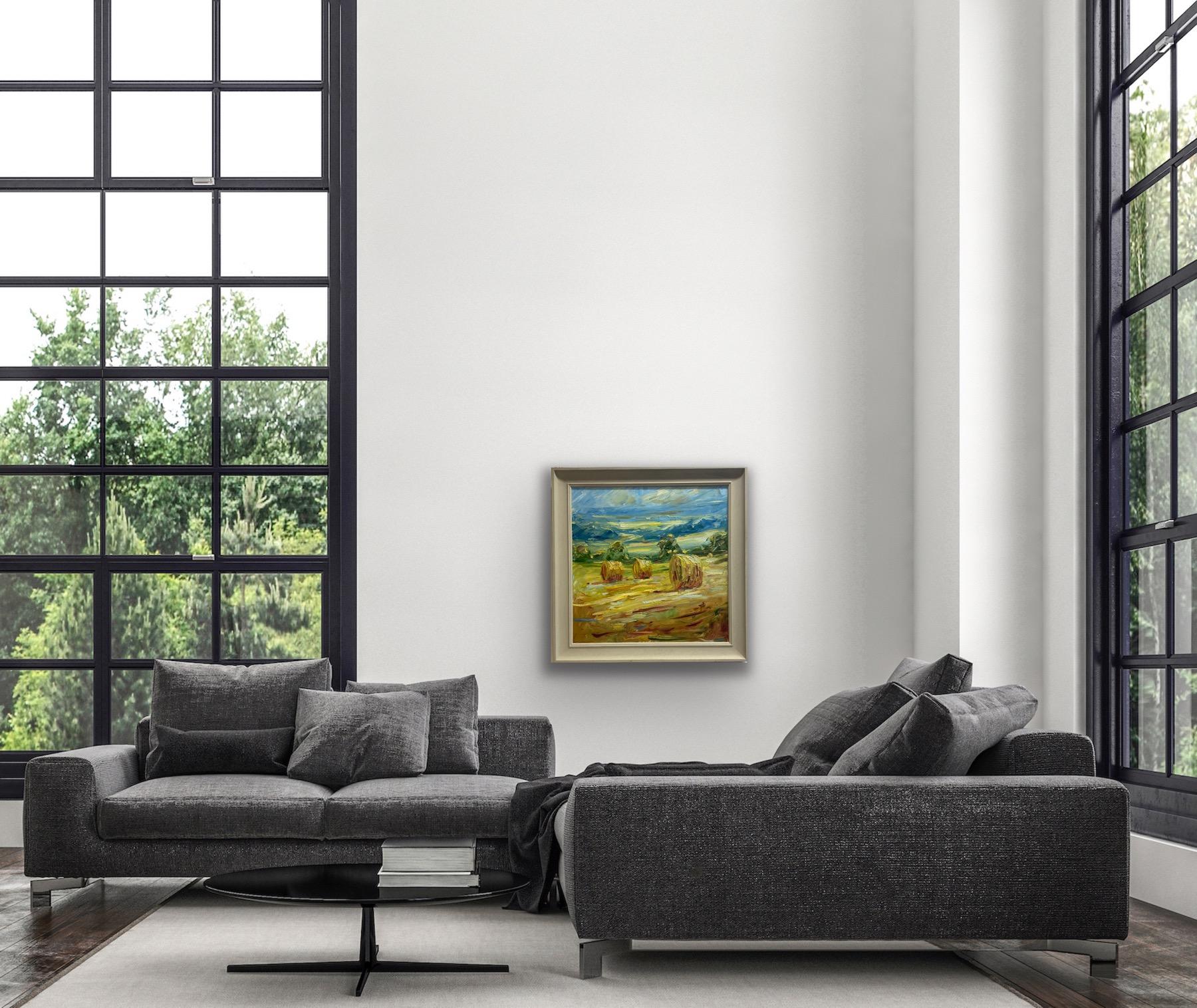 Rupert Aker, Big Bales, August, Landscape Art, Cotswold Painting, Affordable Art For Sale 4