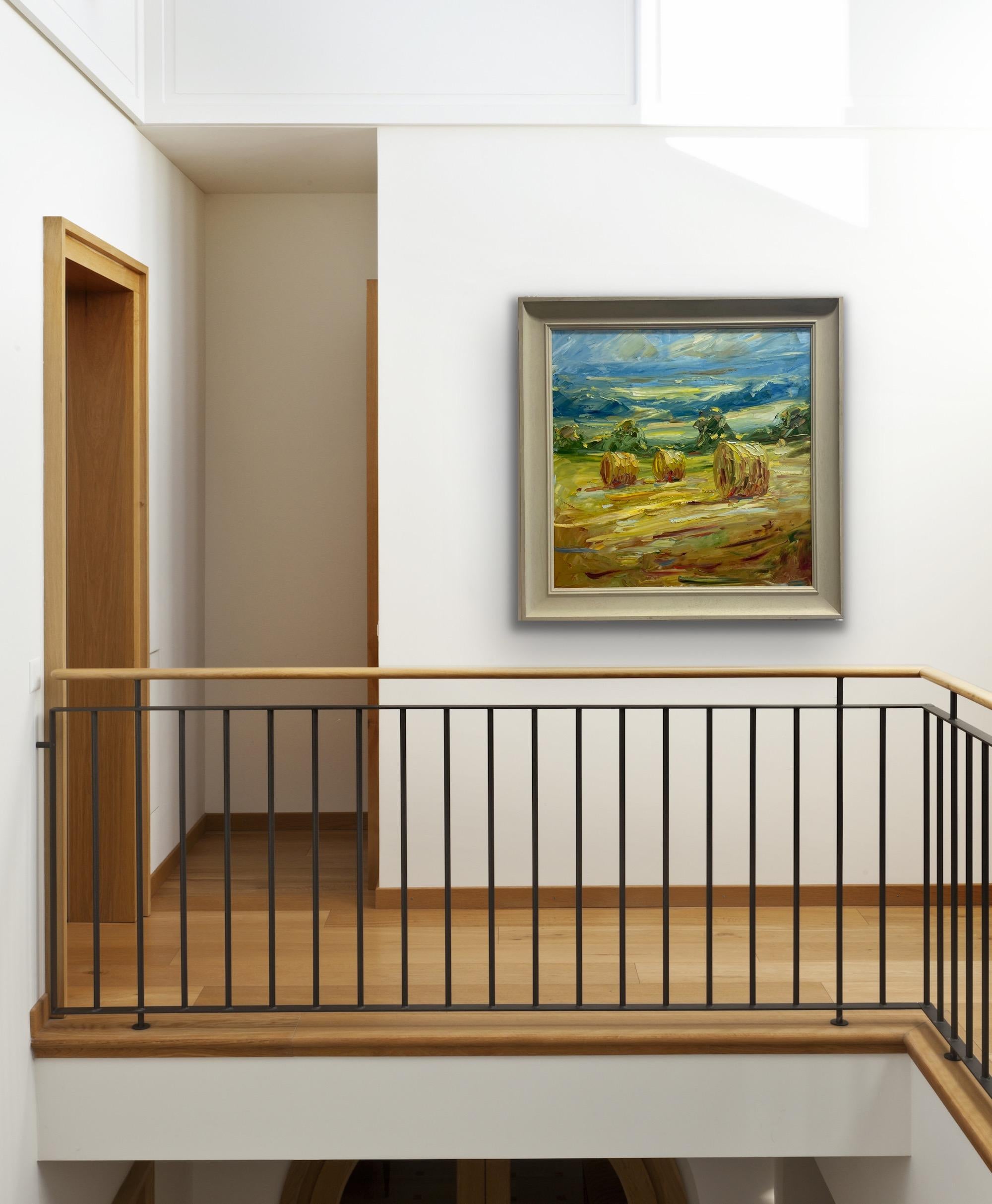 Rupert Aker, Big Bales, August, Landscape Art, Cotswold Painting, Affordable Art For Sale 5